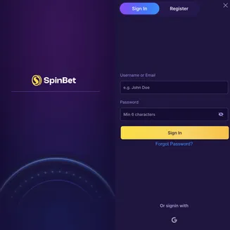 Log in to SpinBet – access your account or register to start playing SpinBet login screen with email and password fields, sign-in and registration options